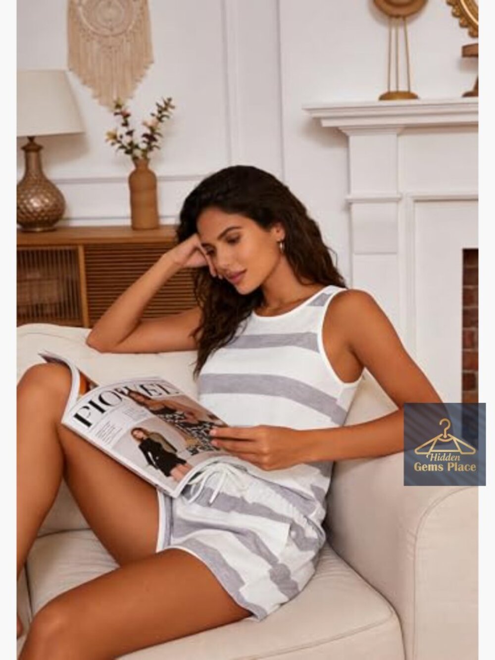 Women's 2 Piece Striped Pajama Set Sleeveless Top Shorts Loungewear S-XL - Picture 6 of 7